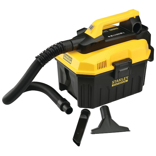 Stanley FatMax portable wet/dry vacuum with hose and two nozzle attachments.