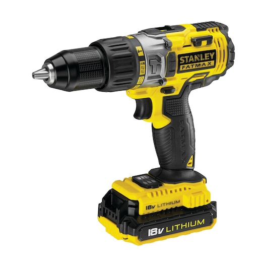 Photo of STANLEY FMCK461C2 cordless drill driver, yellow and black, side angle on white background.