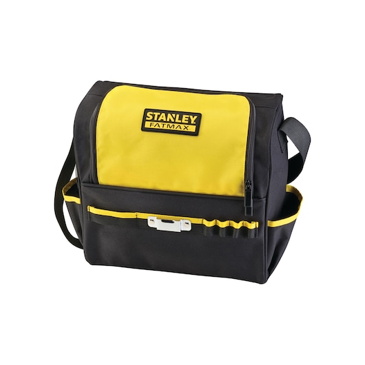 Photo of STANLEY FMCK461C2 tool bag, black and yellow, with front pockets and shoulder strap, front angle.