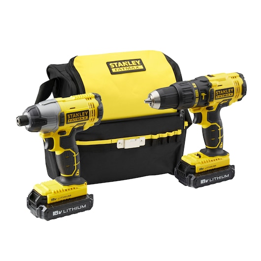Stanley Fatmax tool kit with a yellow bag, drill, and impact driver, all with 18V lithium batteries.