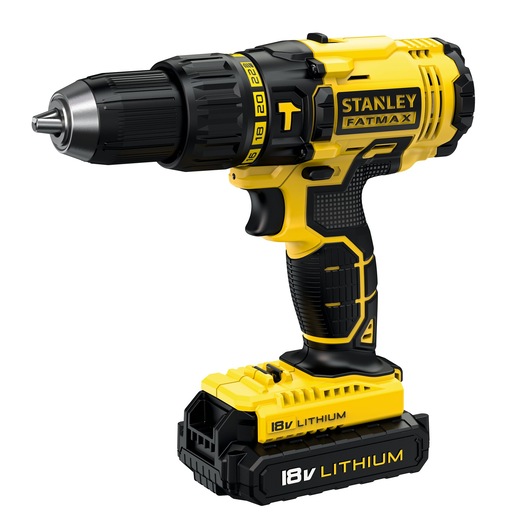 Photo of STANLEY FMCK465C2S cordless drill, yellow and black design, with 18V lithium battery, front left angle.
