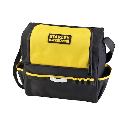 STANLEY FMCK465C2S tool bag, black and yellow fabric with front pocket and shoulder strap, front angle.