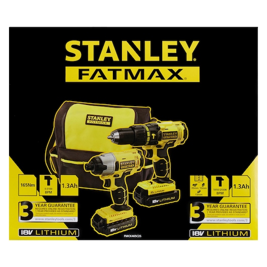 STANLEY FMCK465C2S FATMAX 18V tool kit photography, includes two drills, batteries and carry bag, front view.