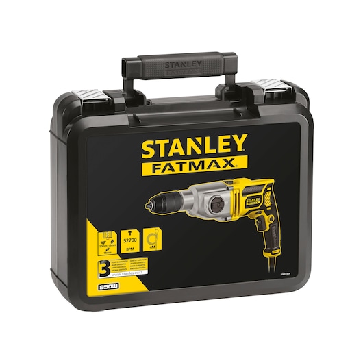 Stanley FME142K corded drill case, black and yellow, product photo on white background.