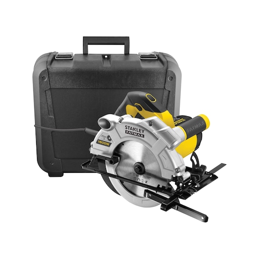 STANLEY FME300K circular saw with silver blade, yellow and black body, shown with carrying case, front angle.