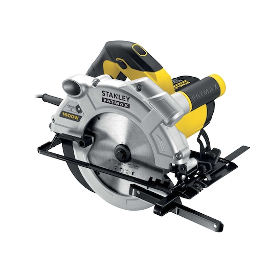 STANLEY FME300K circular saw, silver and yellow, side angle, 1600W, visible blade and handle.
