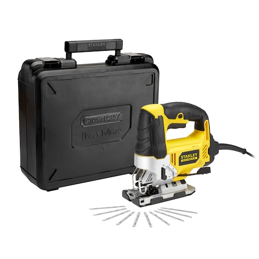 Stanley FatMax jigsaw with black carrying case and several metal blades arranged in front.
