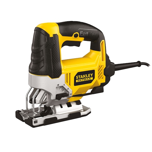Photo of STANLEY FME340KA jigsaw, yellow and black, side angle on white background.