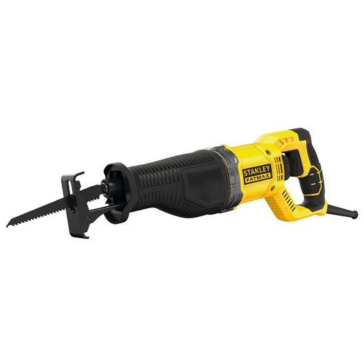 Stanley FatMax electric reciprocating saw with black handle and yellow body, designed for professional cutting tasks.