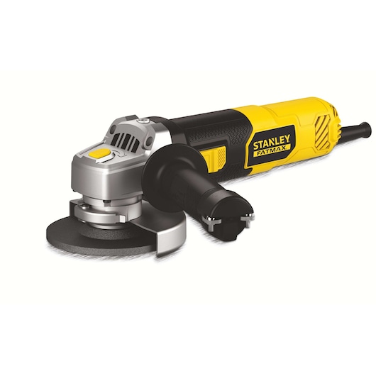 STANLEY FME811K angle grinder, yellow and black, side view, with side handle and visible grinding disc.