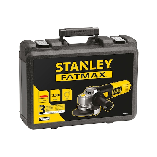STANLEY FME811K photography of black and yellow FATMAX angle grinder case, front angle on white background.