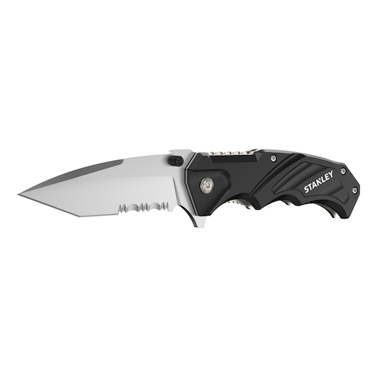Stanley FatMax folding utility knife with partially serrated blade and ergonomic handle, shown on white background.