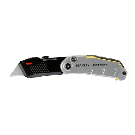 STANLEY FMHT0-10320 utility knife with silver and black handle, FATMAX branding, left side view, on white background.