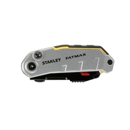 Stanley FatMax folding utility knife with metallic finish, closed, black and yellow accents.
