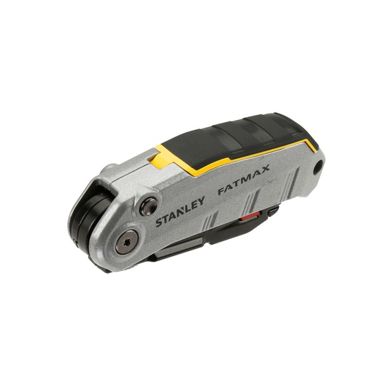 Stanley FATMAX folding utility knife with black and yellow grip, silver body, and closed blade.
