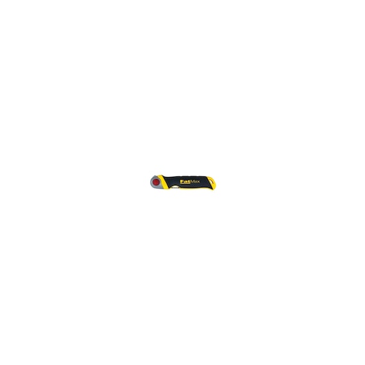 STANLEY FMHT0-20559 folding utility knife, black and yellow handle, side view on white background.