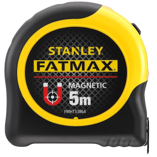 STANLEY FMHT0-33864 FATMAX 5m magnetic tape measure, black and yellow, front view, photography.