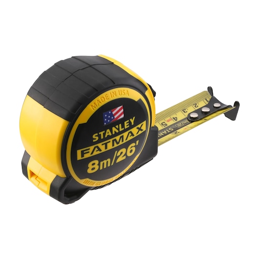 Stanley FatMax tape measure, black and yellow, 8m/26ft length, with extended measuring tape.
