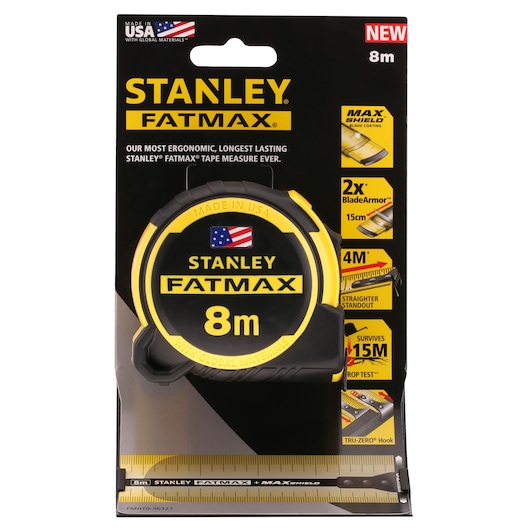 Photo of STANLEY FATMAX FMHT0-36327 8m tape measure in black and yellow retail packaging, front angle.