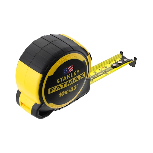 Stanley FatMax yellow and black tape measure showing 10m/33ft on its extended yellow blade.