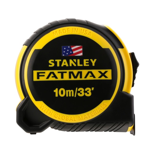 Stanley FatMax tape measure, 10m/33', black and yellow casing, made in USA, global materials.