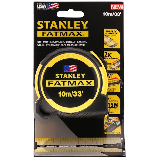 Photo of STANLEY FMHT0-36336 FATMAX 10m/33' tape measure in packaging, yellow and black, front angle.