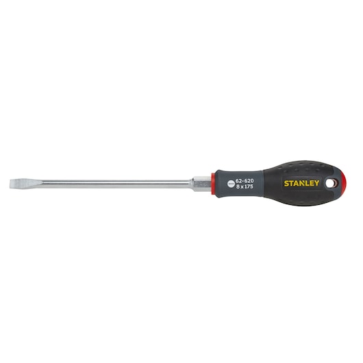 Stanley flathead screwdriver with black and yellow handle, model FMHT0-62620, tool for fastening or loosening screws.
