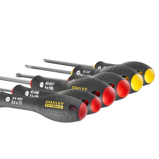 Stanley FATMAX screwdriver set with ergonomic black handles and color-coded ends for easy identification.