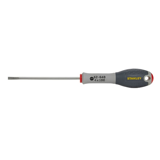 Stanley flathead screwdriver with grey and black handle, model FMHT0-62640, shown against white background.