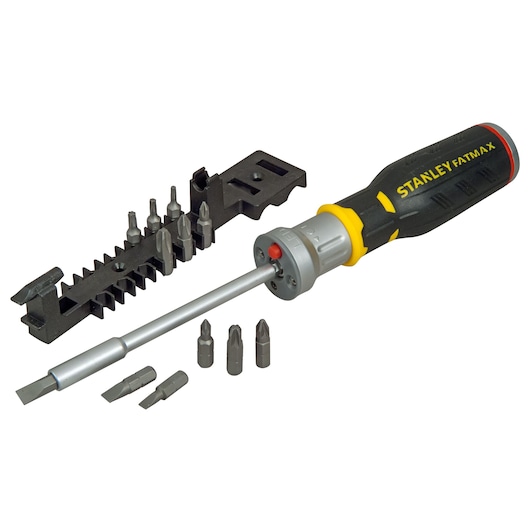 Stanley FatMax ratchet screwdriver set with multiple interchangeable bits and bit holder.