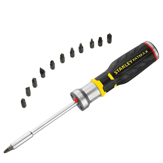 Stanley FatMax screwdriver with black handle and multiple interchangeable bits displayed.