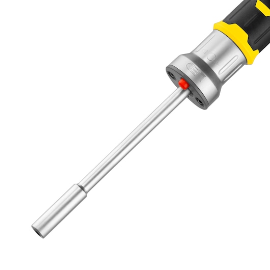 Close-up of a Stanley screwdriver with a black and yellow handle and metal shaft.