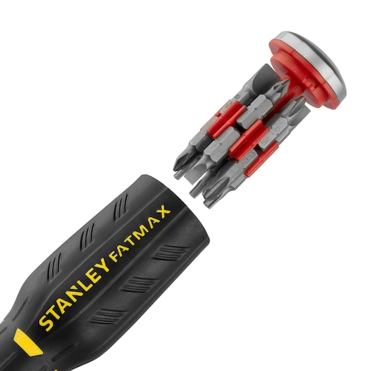 Stanley Fatmax screwdriver with removable bit holder, showing multiple metal bits stored in the handle.