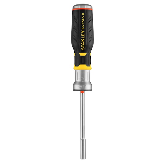 Stanley screwdriver with black and yellow handle and long metal shaft, photographed on a white background.