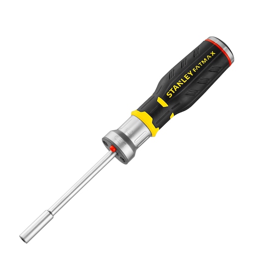 Stanley FATMAX multi-bit screwdriver with black and yellow handle and metal shaft.