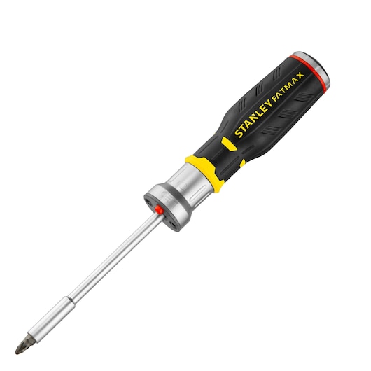 Stanley FatMax screwdriver with black and yellow ergonomic handle and interchangeable bit.