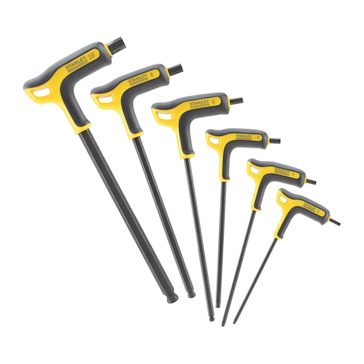 Stanley T-handle hex key set with yellow and black grips, shown in six different sizes.