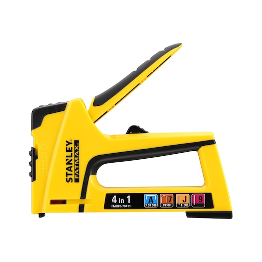 STANLEY FMHT0-70411 stapler, yellow 4-in-1 hand tool side view, with black accents, on white background.