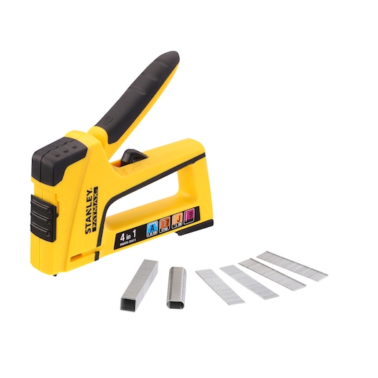 STANLEY FMHT0-70411 yellow hand stapler with four types of staples, side angle, white background.