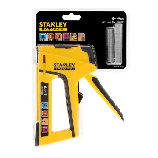 Photo of STANLEY FATMAX FMHT0-70411 4-in-1 light duty stapler in yellow and black, packaged with staples, front angle.