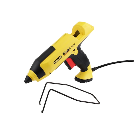 Stanley FatMax yellow and black hot glue gun with a metal stand, shown on a white background.