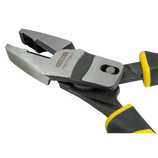 STANLEY FMHT0-70813 pliers with black and yellow handles and serrated jaws, close-up view.