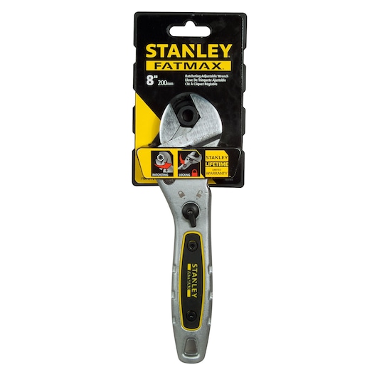 STANLEY FMHT0-72184 ratcheting adjustable wrench 8 inch front view, silver and black handle, in packaging