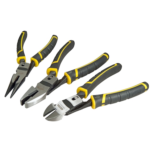 Three STANLEY pliers with black and yellow handles, arranged side by side on a white background.