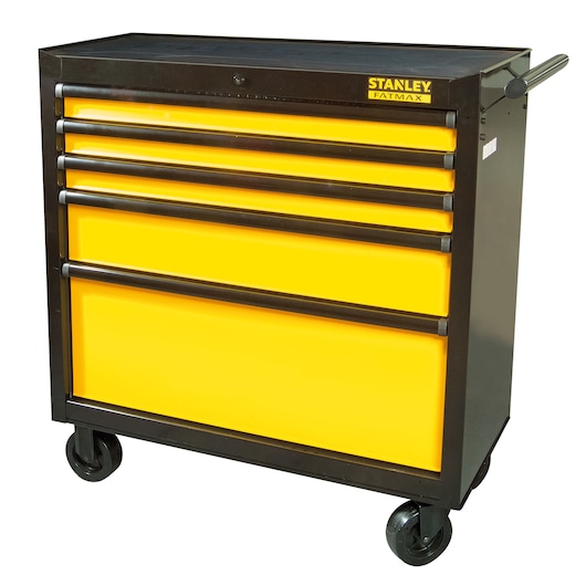 Stanley Fatmax mobile tool chest with five yellow drawers, black frame, and handle on side.