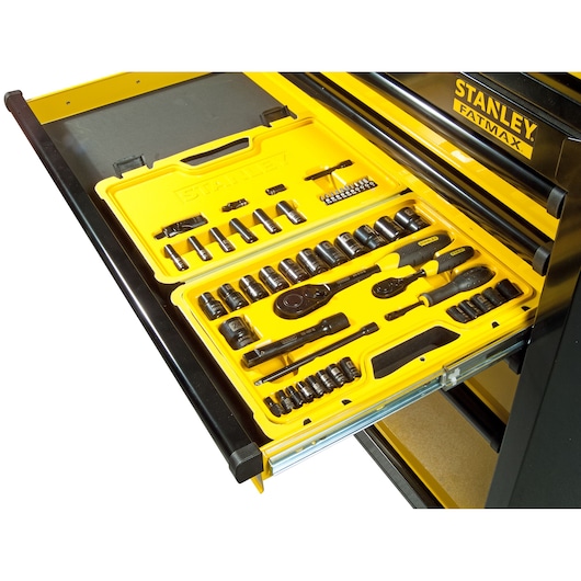 Stanley Fatmax tool set in a yellow tray drawer, containing sockets, ratchets, and accessories.