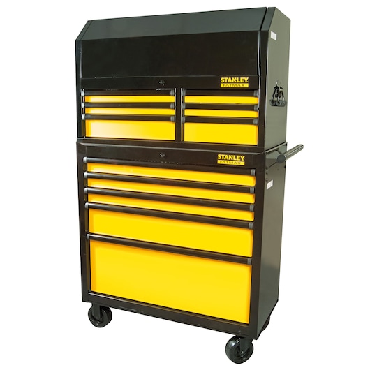 STANLEY FMHT0-74027 tool chest, yellow and black, with drawers and wheels, photography, front angle.
