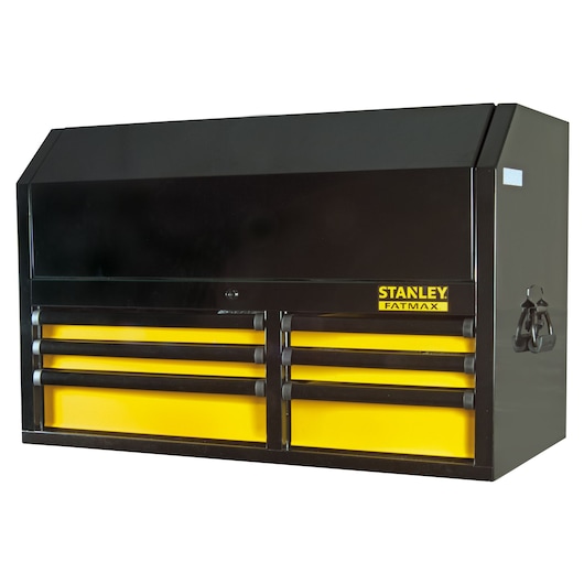Black and yellow STANLEY tool chest with multiple drawers for organized storage.