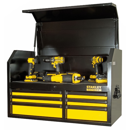 STANLEY FMHT0-74028 black and yellow tool chest with open lid, displaying multiple power tools, front angle.
