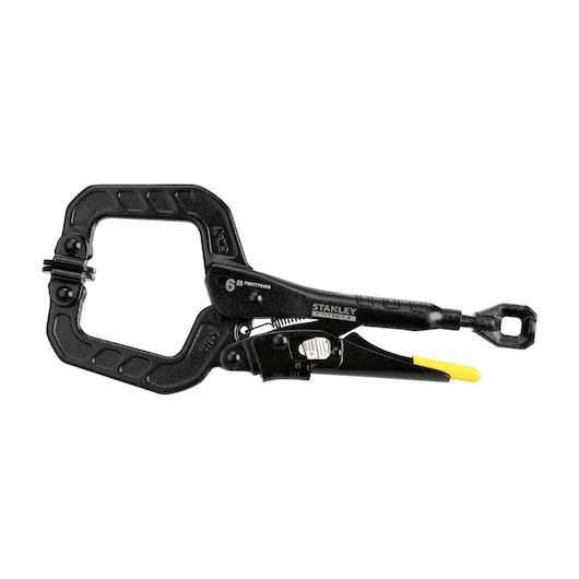 Stanley FATMAX 6-inch locking clamp tool with a square jaw and ergonomic handle, shown on a white background.